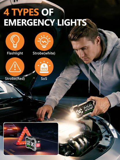 Car Battery Jump Starter - 8000A, Car Jump Starter Booster with 160PSI Compressor, Emergency Starter for All Petrol and Diesel Vehicles up to 12 litres max, Equipped with Outdoor Emergency kit