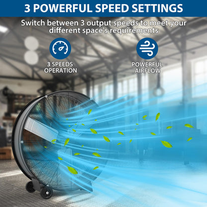 Takywep High Speed Air Circulator Fan, 30 Inch Heavy Duty Industrial Drum Fan - 6000 CFM 3-Speed Metal Floor Exhaust Fan - Portable with Rubber Casters and Handle for Warehouse, Garage, Workshop