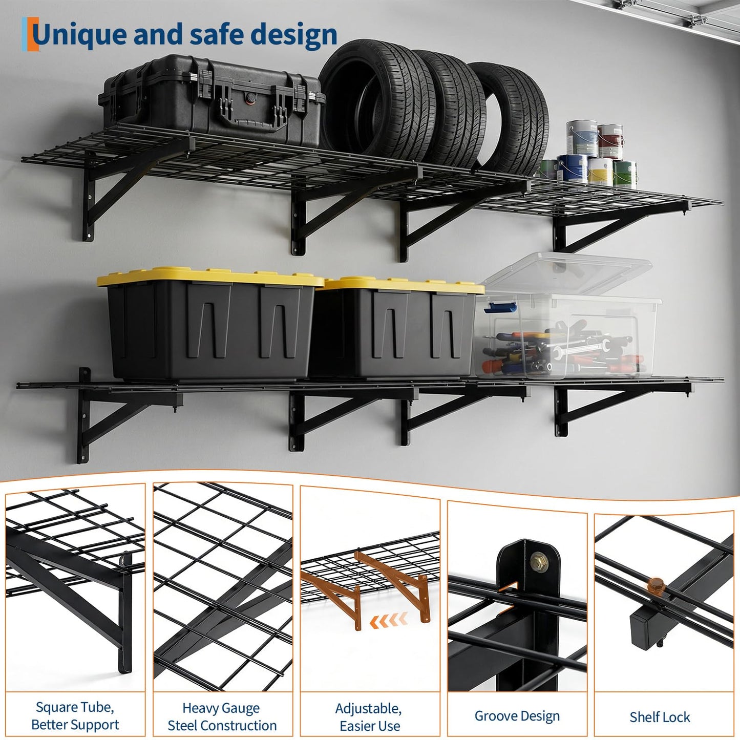 SierraSquad 4 Pack 2x3 Ft Garage Storage Shelving Wall Mounted, 1400 LBS Heavy Duty Wall Shelf, Black Metal Floating Storage Racks for Garage, Kitchen, Laundry, Shopping Mall and Tool Room