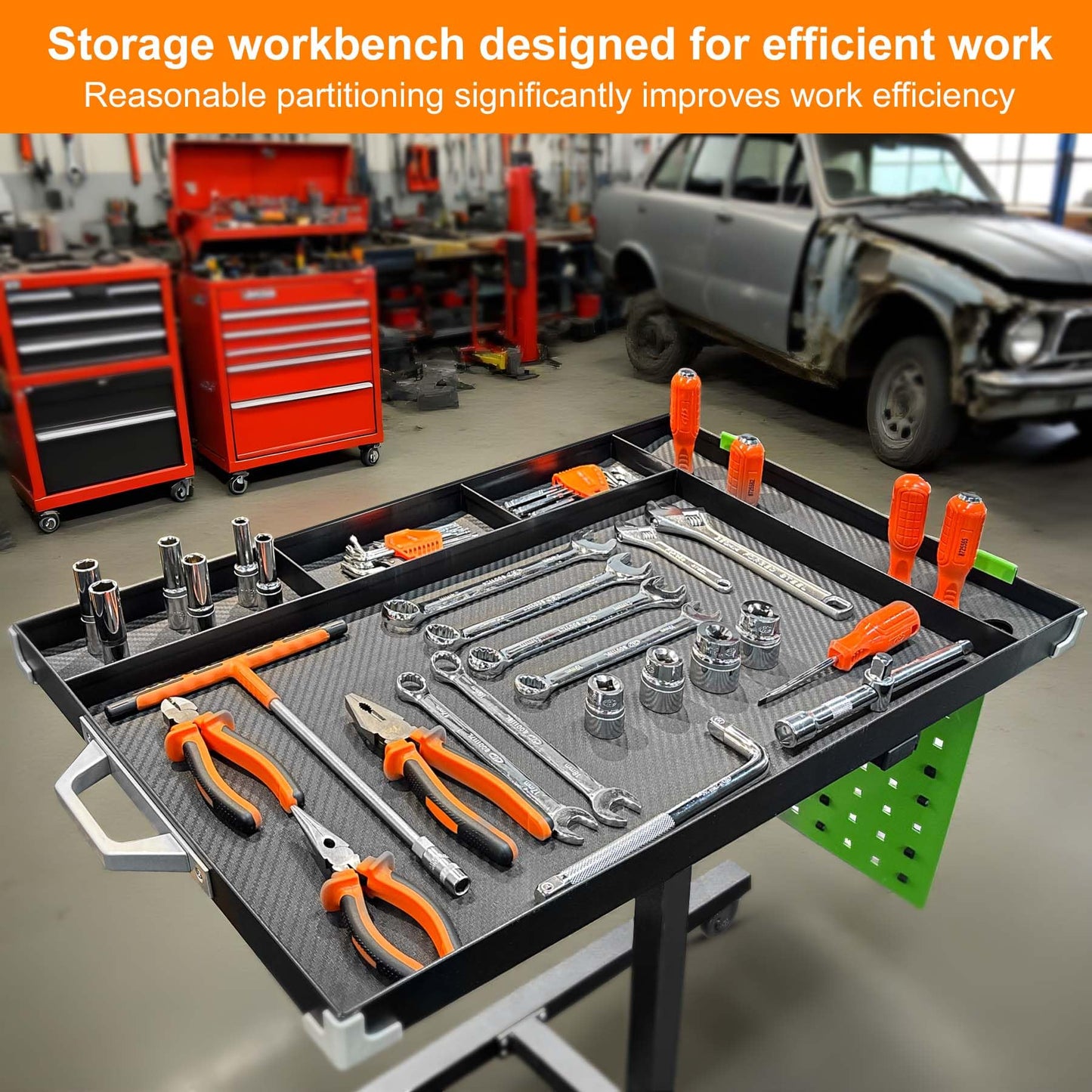 Adjustable Height Mobile Work Table with Rolling Wheels, Rolling Tray Table for Mechanics, Garages, Repair Shops, Warehouse, Workshop, and DIY