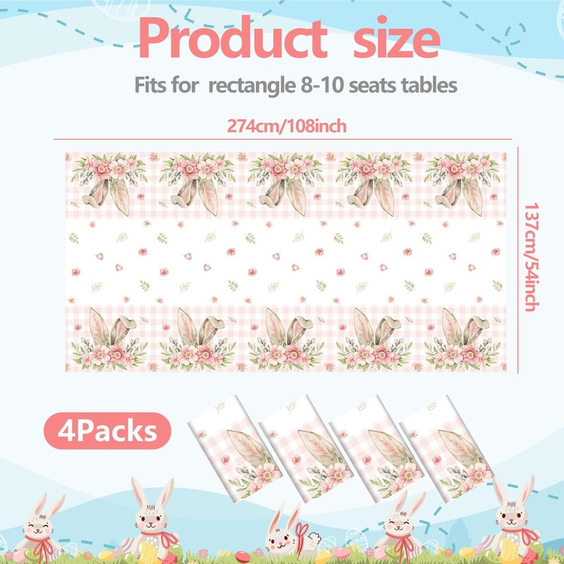 BCCSNNM 4 Pcs Easter Tablecloth Plastic,Easter Party Decorations Disposable Bunny Tablecloth Spring Table Cover,54x108 Inch