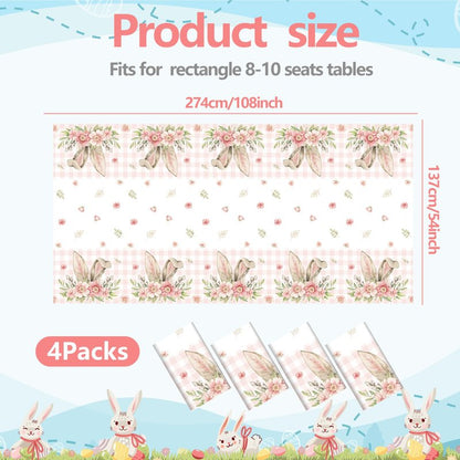 BCCSNNM 4 Pcs Easter Tablecloth Plastic,Easter Party Decorations Disposable Bunny Tablecloth Spring Table Cover,54x108 Inch