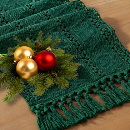 Socomi Boho Table Runner Macrame Easter Spring Farmhouse Woven Cotton Linen Rustic Coffee Table Runner with Tassels for Dresser Scarf Home Decor Dining Room 12x90 inch Emerald Green