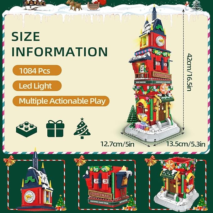 Christmas Countdown Tower House Building Toys - Lego-Compatible Christmas Village House Building Set with LED Light Countdown Clock Tower Christmas Festival Holiday Model Gift Idea for Adult Kids 6+