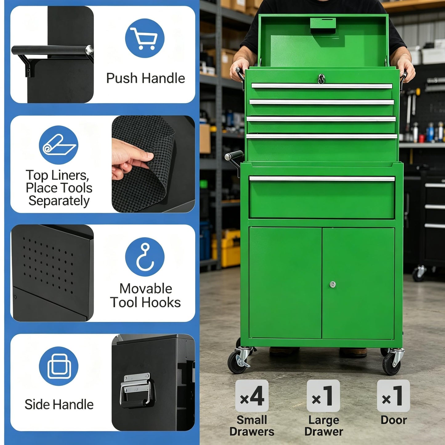 PeakPursuit Rolling Tool Chest, 5 Drawer Heavy Duty Mobile Tool Cart with Locking Wheels and Ball Bearing Slides, Garage Tool Storage Cabinet, Metal Tool Box on Wheels, Green