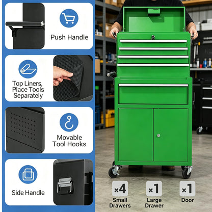PeakPursuit Rolling Tool Chest, 5 Drawer Heavy Duty Mobile Tool Cart with Locking Wheels and Ball Bearing Slides, Garage Tool Storage Cabinet, Metal Tool Box on Wheels, Green