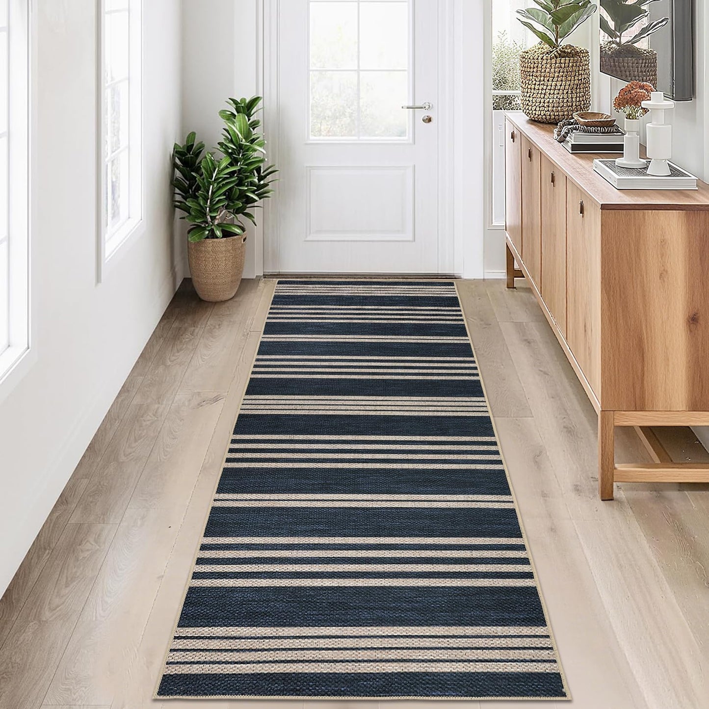 COZYLOOM Washable Living Room Rugs 8x10 Striped Easy Jute Rug with Non Slip Backing, Modern Stain Resistant Farmhouse Rugs for Patio Non Shedding Mats for Dining Room, Bedroom, RV, Navy Blue