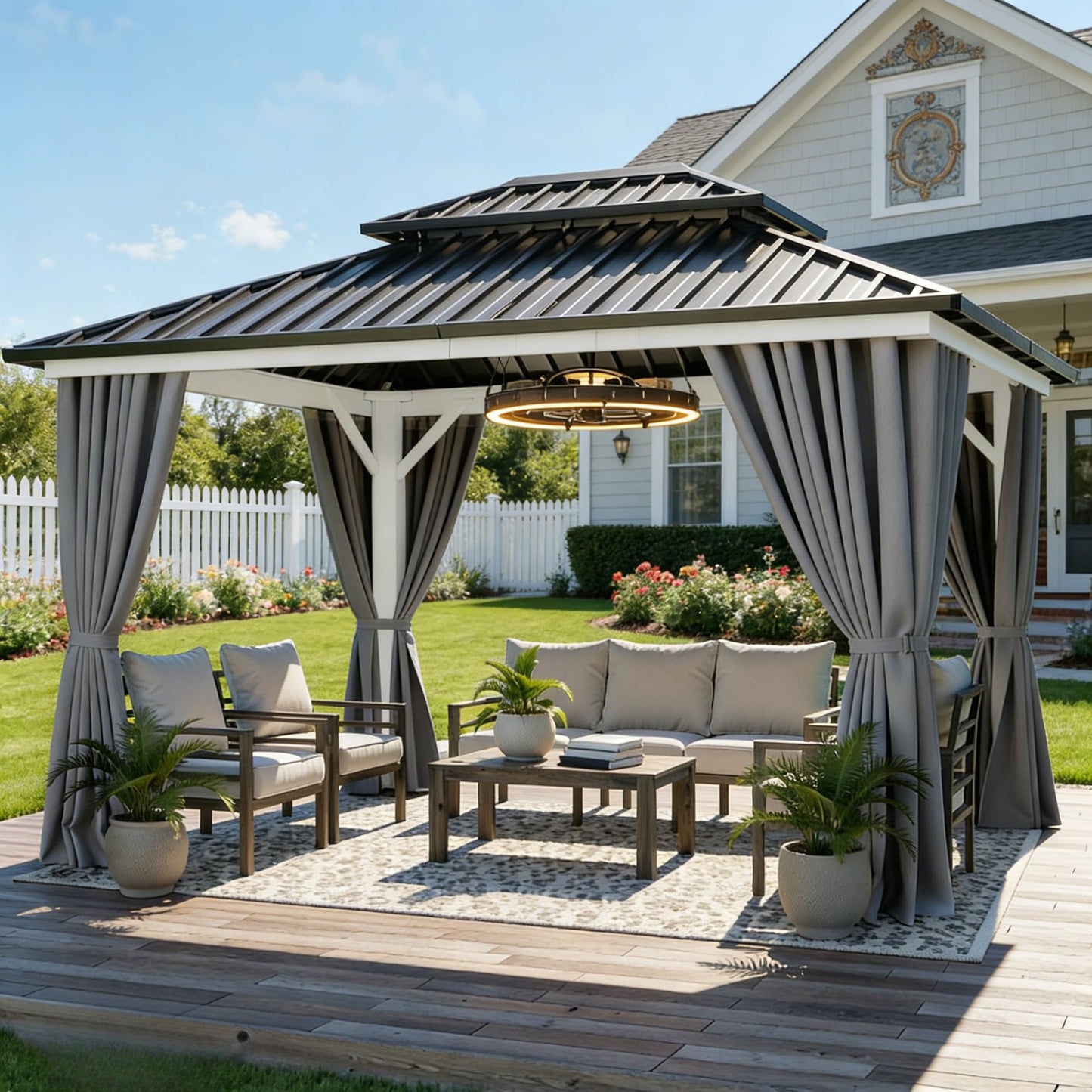 YITAHOME White Gazebo Hardtop 10x12ft Double Roof Aluminum Frame Galvanized Outdoor Gazebo with Netting and Shaded Curtains Garden Tent for Patio, Backyard, Deck and Lawns, Grey Curtain