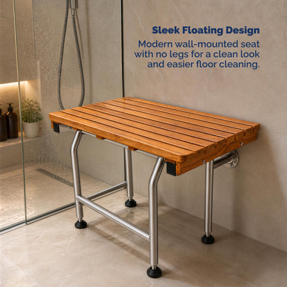 Teak Shower Seat Bench with Drop Down Legs – ADA Compliant Folding Teak Shower Bench, Wall Mounted Fold Up Bath Seat, 400 lb Capacity, Waterproof Teak Wood (18 Inches)