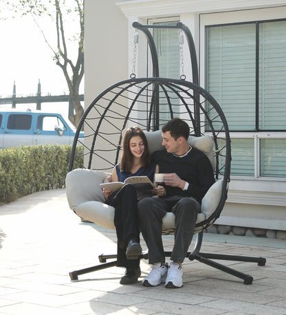 Double Egg Chair with Stand Hammock Swing Chair Foldable Hanging Loveseat, UV Resistant Removable Cushions, 700LBS Capacity for Bedroom, Balcony, Garden(BK-BE)