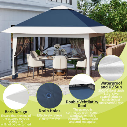 12x12ft Patio Gazebo, Outdoor Canopy with Mesh Walls, Pop Up Gazebo Tent with 4 Ropes 8 Stakes & Portable Carrying Bag, Double Roof, Easy Up Pavilion for Outside Garden, Backyard, Lawn