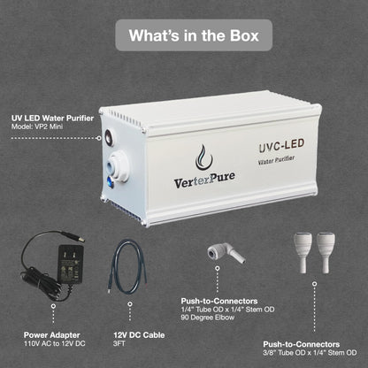 VerterPure VP2 Mini UV-C LED Ultraviolet Water Filter Purifier, Reduce up to 99.99% of Contaminants at Flow Rate 0.52GPM, Smart On/Off Switch, 12V DC for RV Boats Off-Grid Livings, Mercury Free