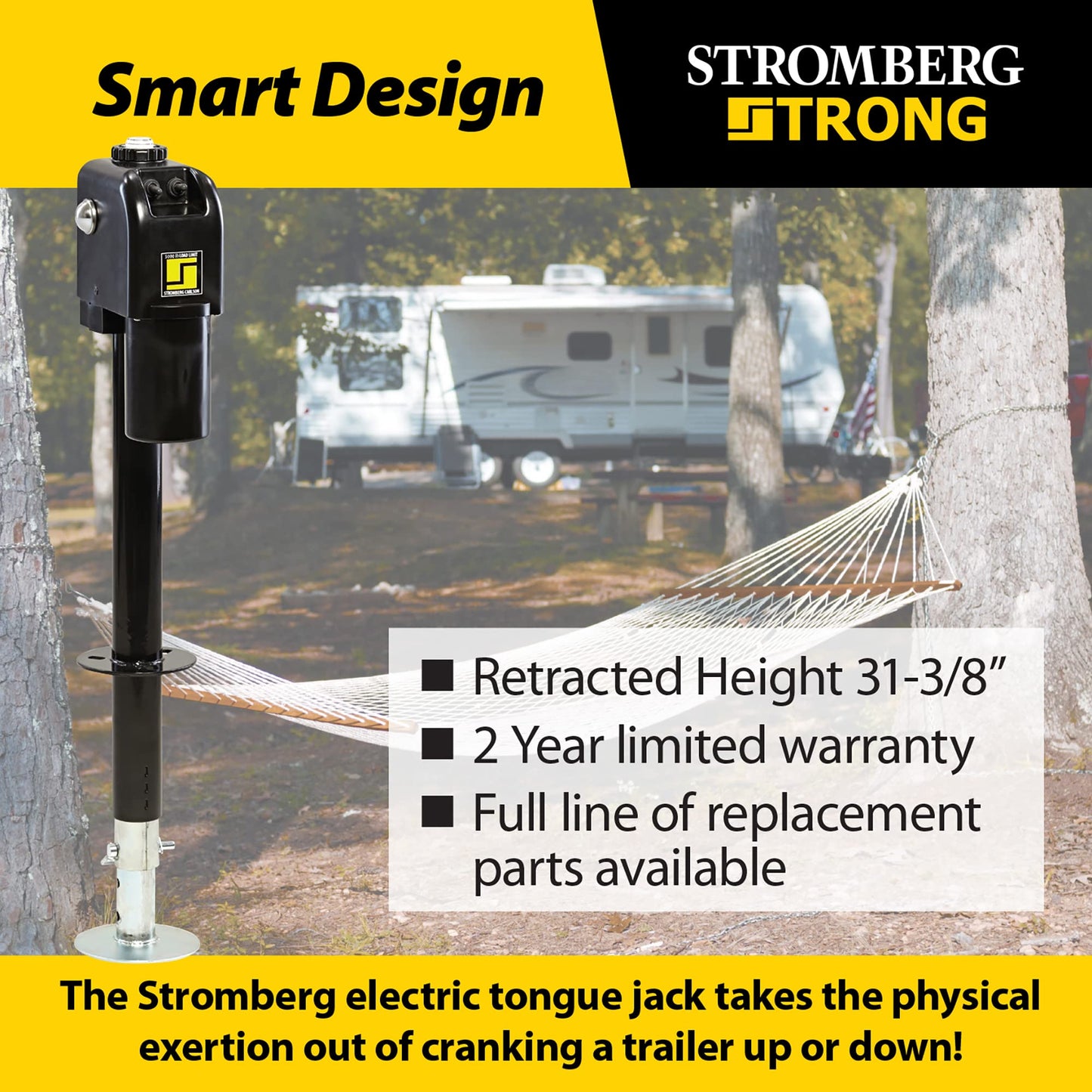 Stromberg Carlson JET-5000 Electric Tongue Jack - Heavy Duty Jack with Motor Protection, 18" Travel & 5" Drop Down Leg, Stabilizing, Leveling & Lifting for RVs, Campers, Utility Trailers, 5000 lb