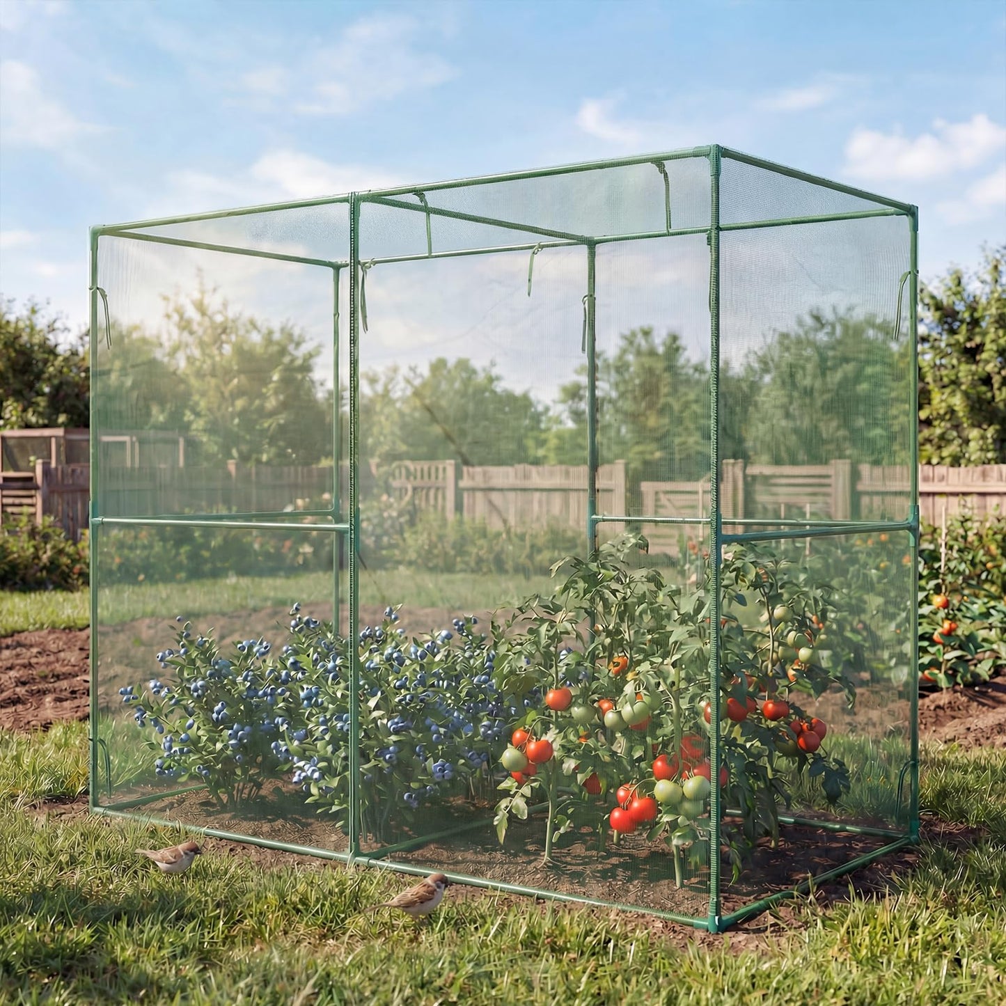 Aoodor 8x4x6 FT Crop Cage, Plant Protection Tent with Heavy Duty Steel Frame and Zippered Doors, Green Netting Cover for Garden, Lawn, Yard