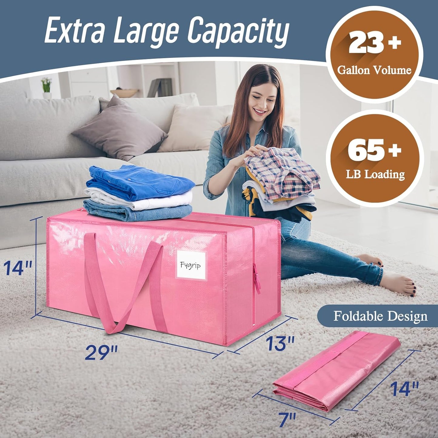 Skiennix Extra Heavy Duty Moving Bags - 12 Pack with Strong Zipper & Comfortable Handles | Durable Pink Storage Totes