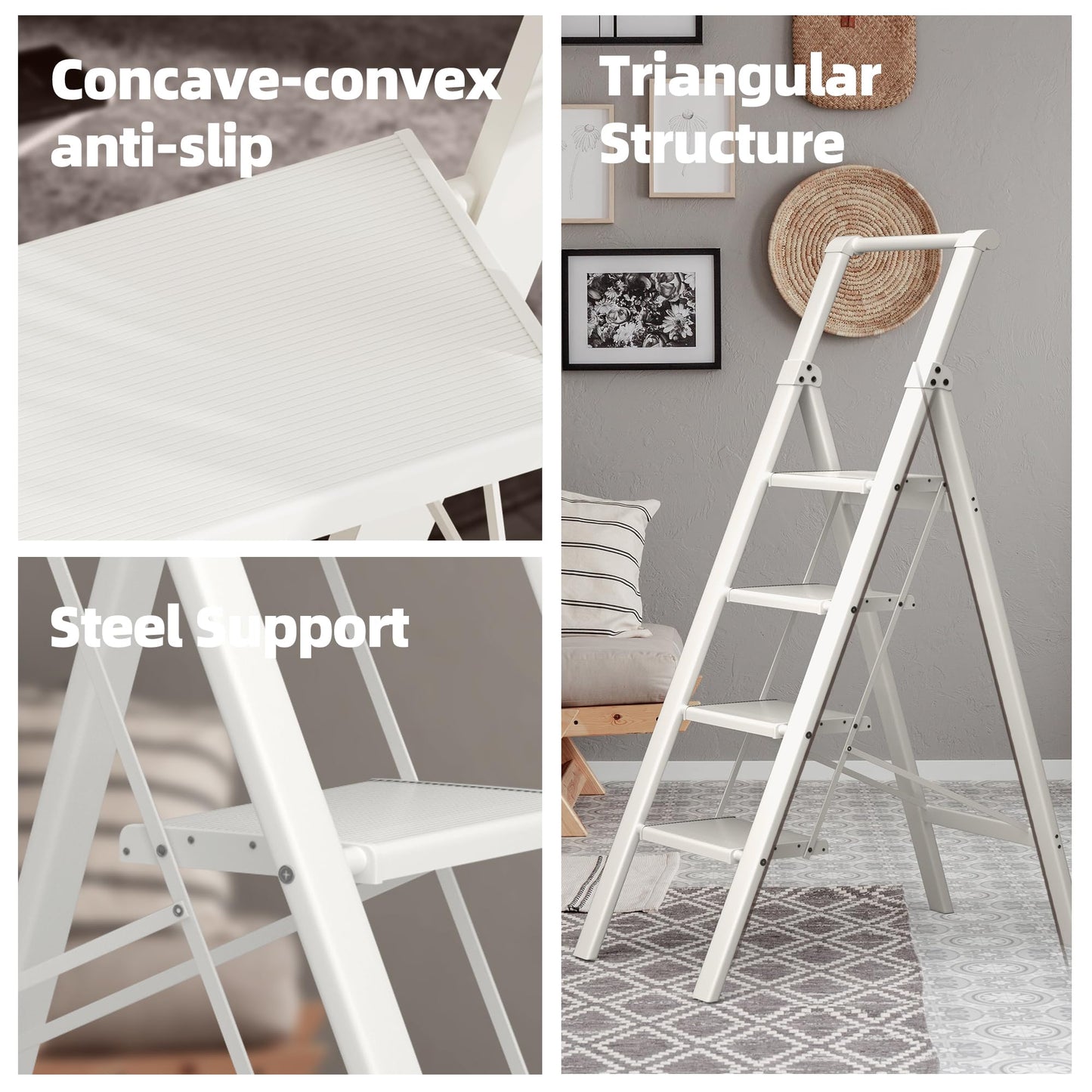 HillhutApex 4 Step Foldable Aluminum Step Ladder with Handgrip, Anti-Slip Pedal, 330 lbs Capacity, Lightweight & Portable for Home, Kitchen, Office, Garage (White)