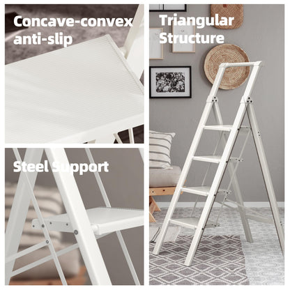 HillhutApex 4 Step Foldable Aluminum Step Ladder with Handgrip, Anti-Slip Pedal, 330 lbs Capacity, Lightweight & Portable for Home, Kitchen, Office, Garage (White)