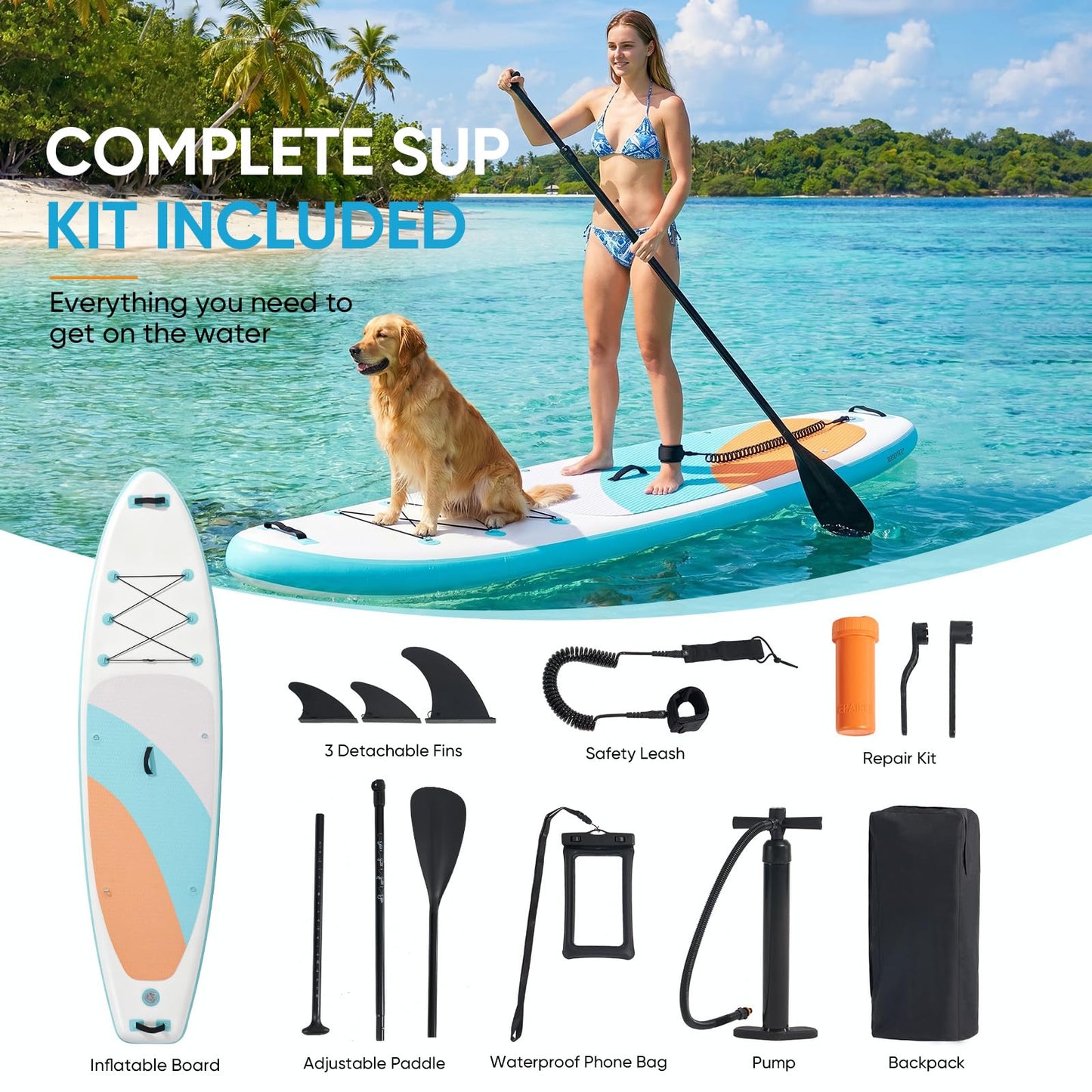 Inflatable Stand Up Paddle Board 10'6" x 33" x 6", 350 LBS Capacity Beginner-Friendly SUP Board with Paddle, Pump, Backpack, Leash, Waterproof Phone Bag and 3 Fins for Lake, Ocean or River Fun, Blue