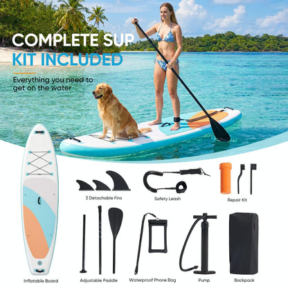 Inflatable Stand Up Paddle Board 10'6" x 33" x 6", 350 LBS Capacity Beginner-Friendly SUP Board with Paddle, Pump, Backpack, Leash, Waterproof Phone Bag and 3 Fins for Lake, Ocean or River Fun, Blue
