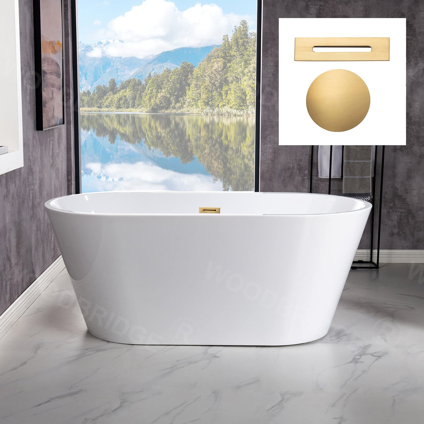 WOODBRIDGE 54"Freestanding White Acylic Soaking Bathtub with Brushed Gold Drain and Overflow,BTA1702-BG-Drain&O