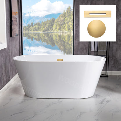 WOODBRIDGE 54"Freestanding White Acylic Soaking Bathtub with Brushed Gold Drain and Overflow,BTA1702-BG-Drain&O