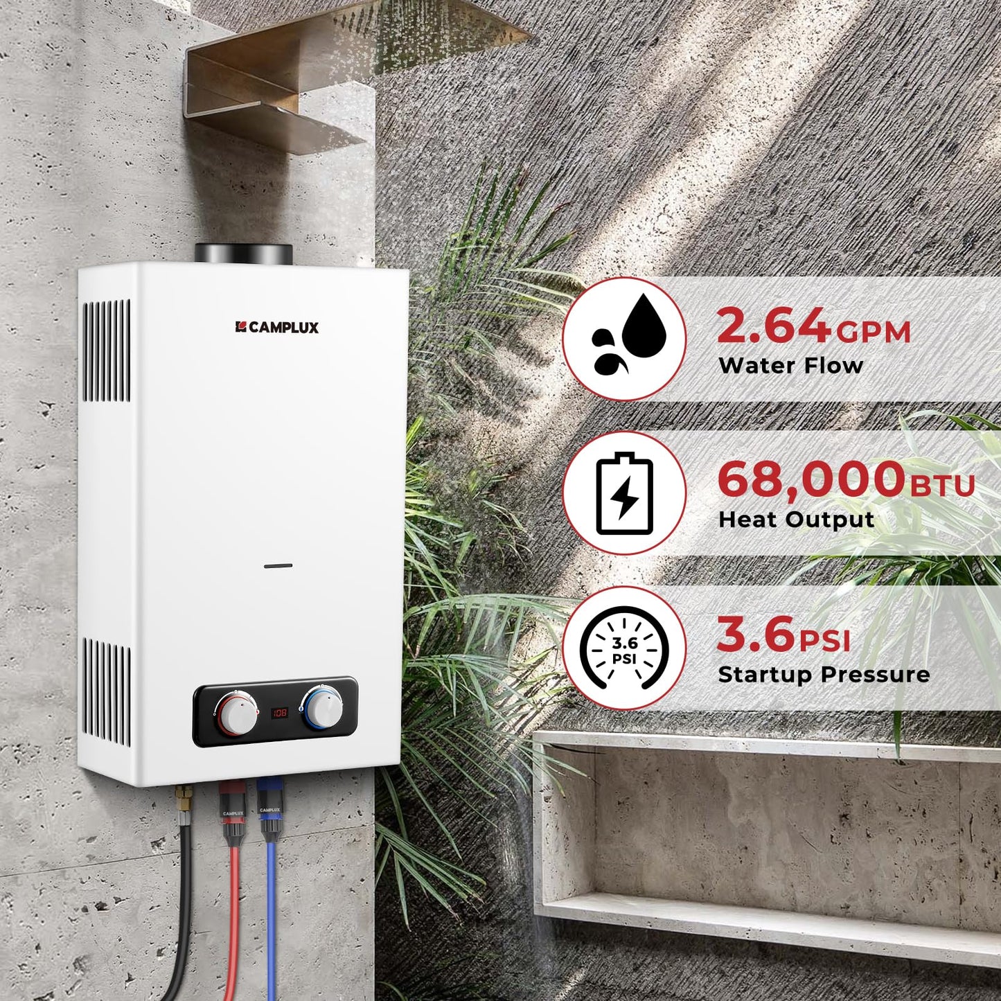 CAMPLUX Portable Propane Water Heater 2.64 GPM, Camping Water Heater with 3.3 GPM Water Pump Kit & Pipe Strainer, 68,000 BTU, BD264P120