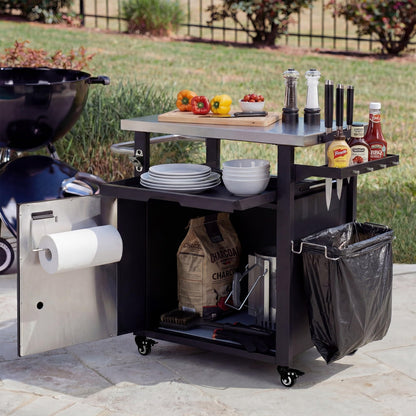 Merax 39.5" Outdoor Grill Cart with Pizza Topping Station, Grill Table Stand with Spice & Paper Rack for BBQ, Movable Food and Prep Workcart, Rolling Kitchen Island, Waterproof Cover Included, Black