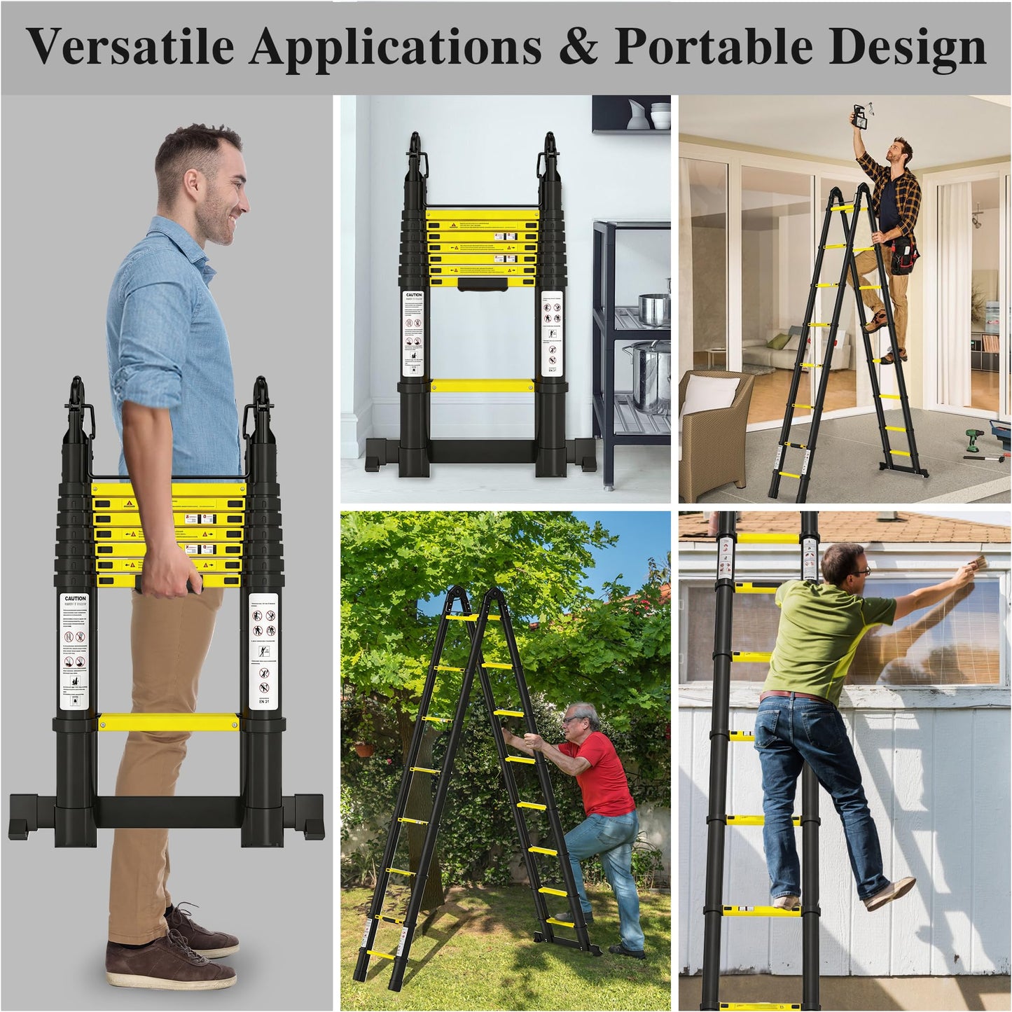 Telescoping Ladder A Frame 16.5Ft Aluminum with Stabilizer Bar, 330 LBS Capacity, Collapsible Extension Ladder for House, Roof, RV & Travel Trailer(Black+Yellow)