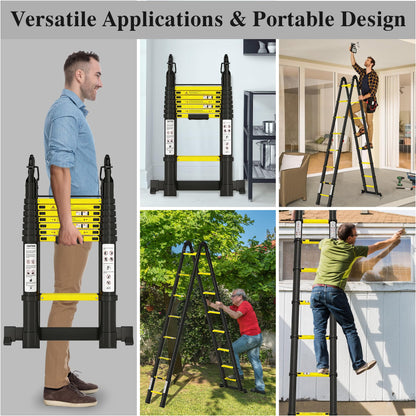 Telescoping Ladder A Frame 16.5Ft Aluminum with Stabilizer Bar, 330 LBS Capacity, Collapsible Extension Ladder for House, Roof, RV & Travel Trailer(Black+Yellow)