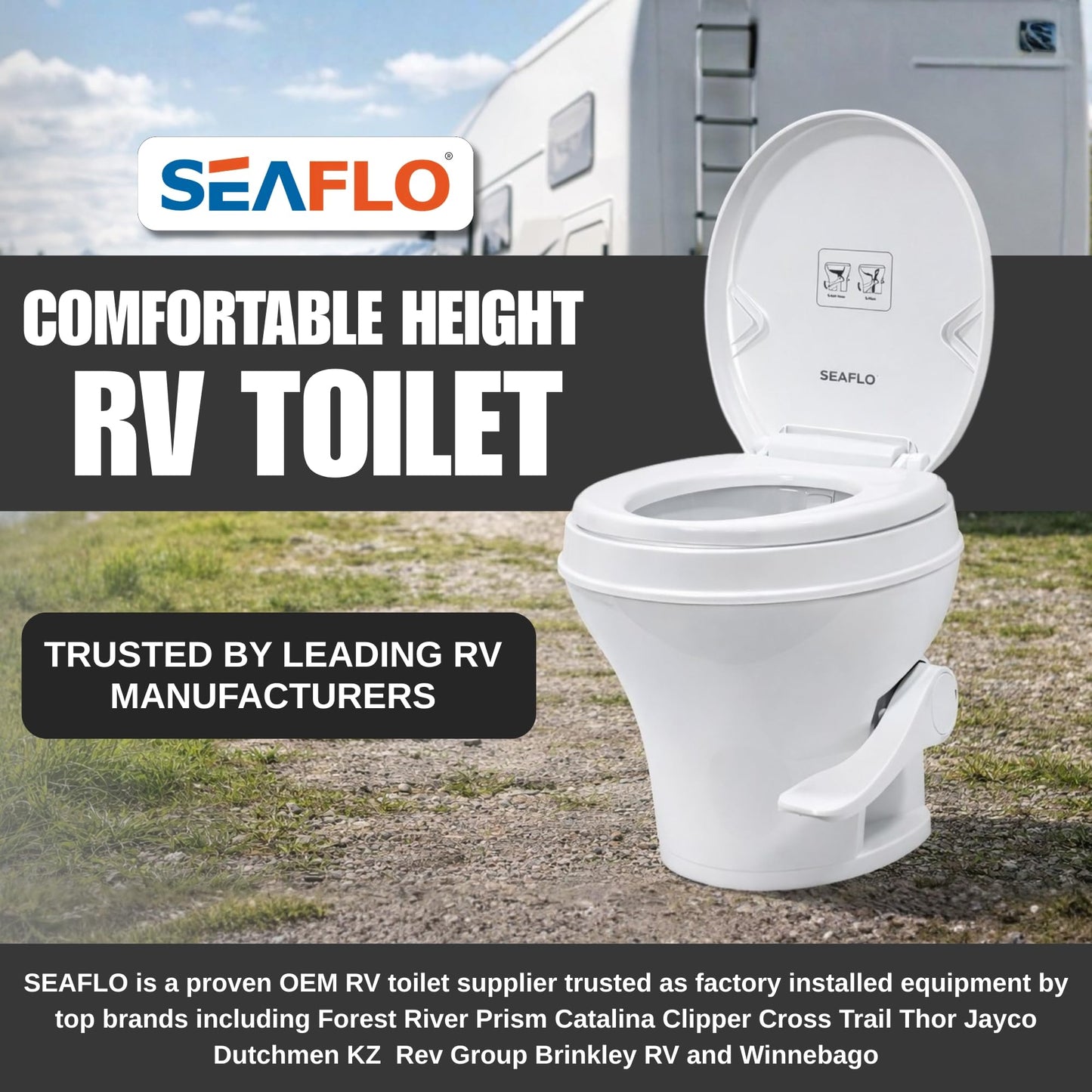 SEAFLO RV Toilet, Residential Height 18.4", Gravity Flush Foot Pedal, Soft Close Seat, Camper Toilet for RV Motorhome Travel Trailer, White, SFRTPH-01-01, 4-Year Warranty