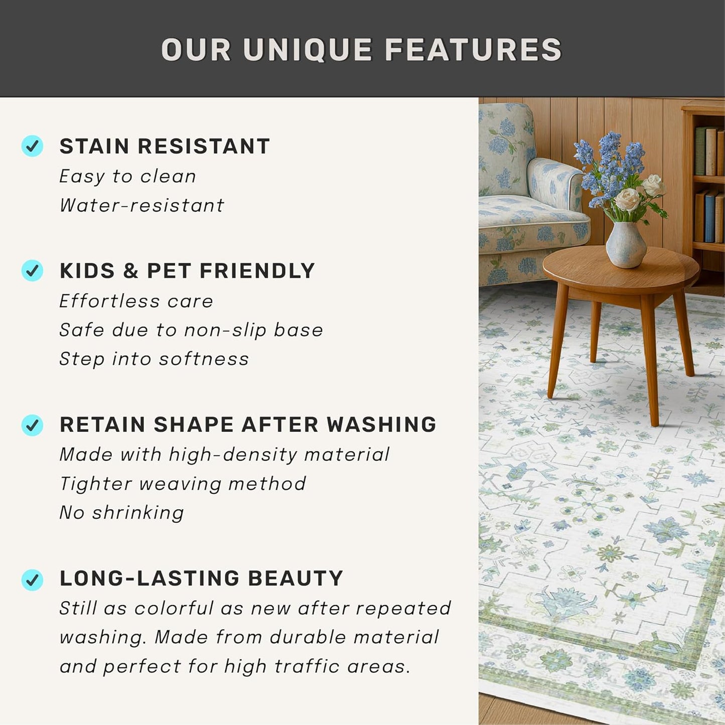 Oushak Boho Bathroom Rug - Cream Green & Blue Floral Design, Washable Non-Slip, 2x4 ft
