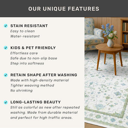 Oushak Boho Bathroom Rug - Cream Green & Blue Floral Design, Washable Non-Slip, 2x4 ft