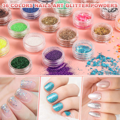 Nail Kit Set Professional Acrylic with Everything, 12 Glitter Acrylic Powder Kit Nails Art Tips Decoration, DIY Nail Art Tool and Supplies for Beginners
