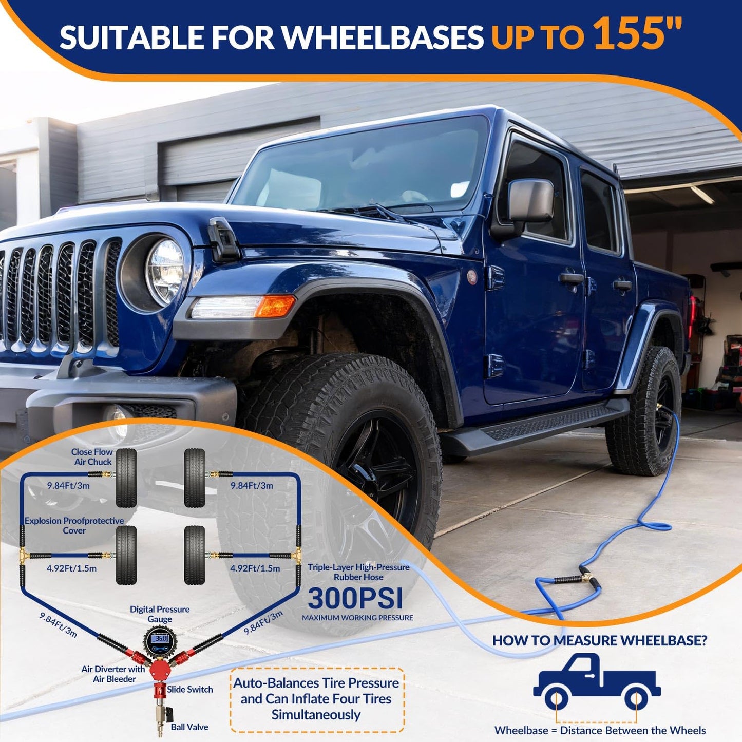 MILADO 4 Tire Inflation System, 4 Way Tire Inflator Deflator with Hard-Shell Storage Case, Off Road Tire Inflator with Gauge, Air Down Tire Deflators Kit for Trucks Jeeps Fits Up to 155" Wheelbase