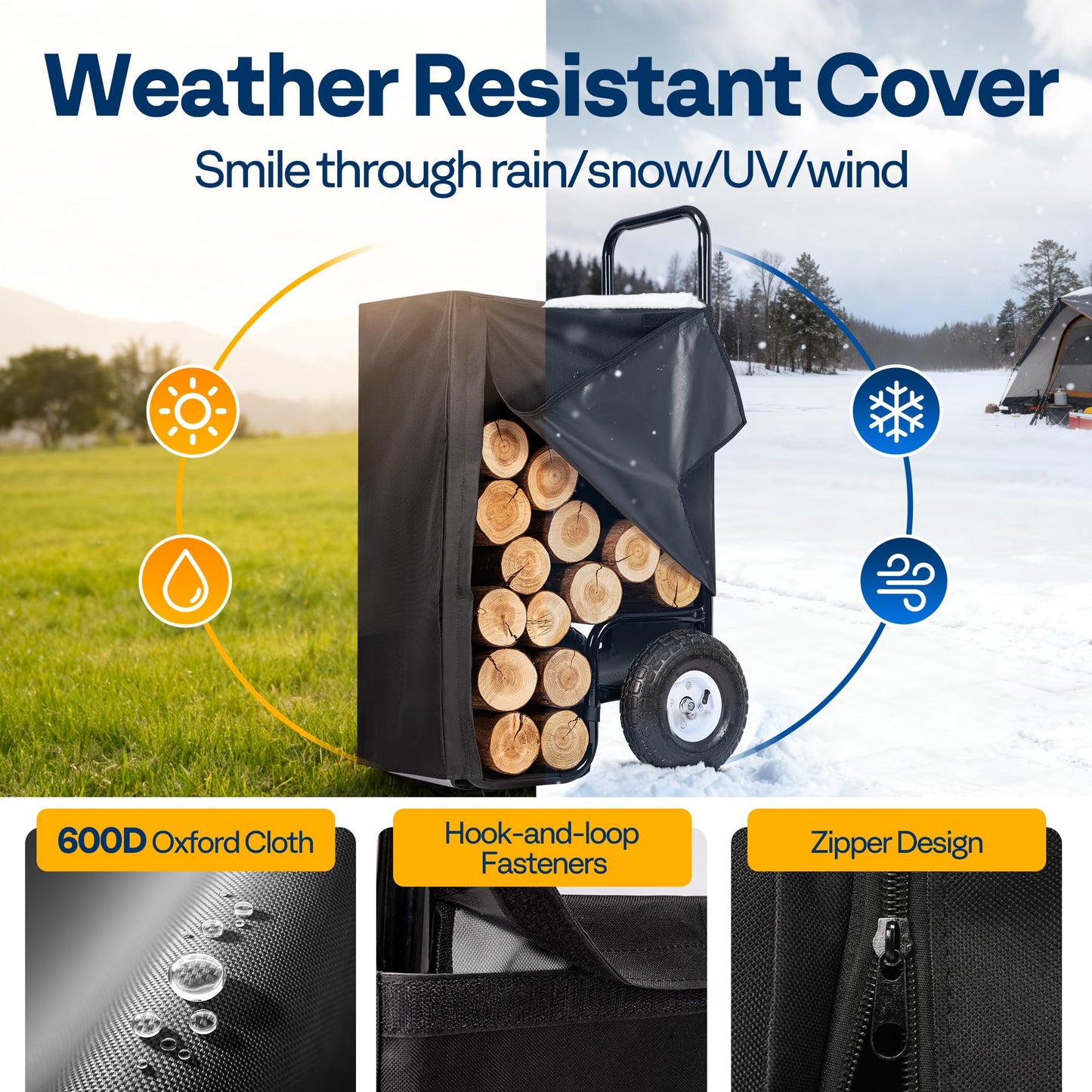 VIVOHOME Firewood Log Cart Carrier with Cover and 600D Oxford Cloth, 250 LB Capacity Heavy Duty Steel Log Carrier Dolly Hauler, Rolling Wood Rack Storage Mover for Easy Transport Indoor Outdoor Use