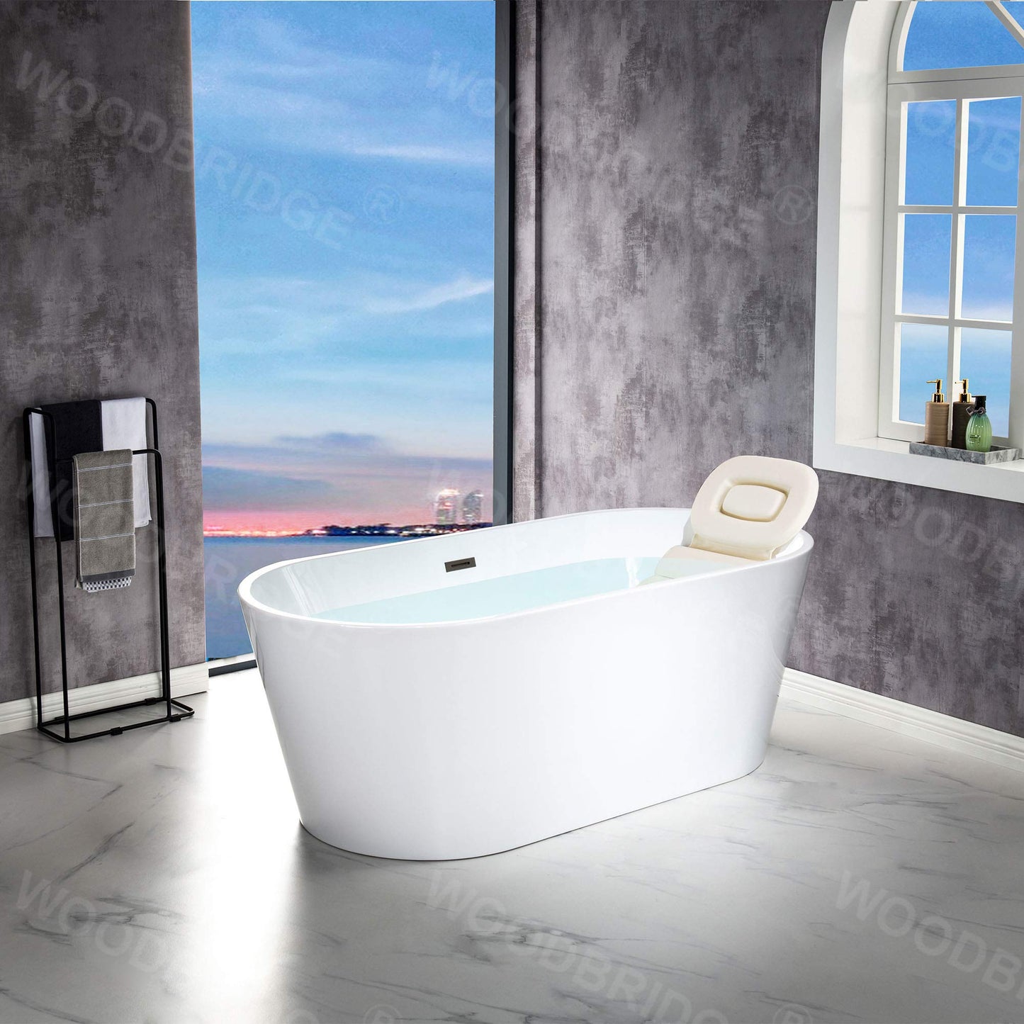 WOODBRIDGE 67" Freestanding Acylic Soaking Bathtub with White, Drain and Overflow inMatte, BTA1513-MB-Drain &O+ Pillow, Matte Black