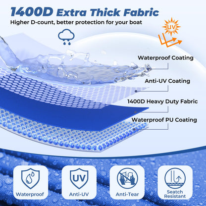 RVMasking Pontoon Boat Cover with Motor Cover, 1400D Heavy Duty Middle Reinforced, Marine Grade Waterproof Boat Cover for Length: 25'-28', Beam Width up to 102", Blue