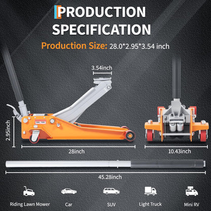 3 Ton (6,000 Lb) Low Profile Hydraulic Racing Floor Jack with Dual Piston Quick Lift Pump Heavy Duty Steel Lifting Range 2.95 to 16.54 Inch for Car SUV Truck Garage,28.0 * 14.2 * 3.0 Inch,Orange