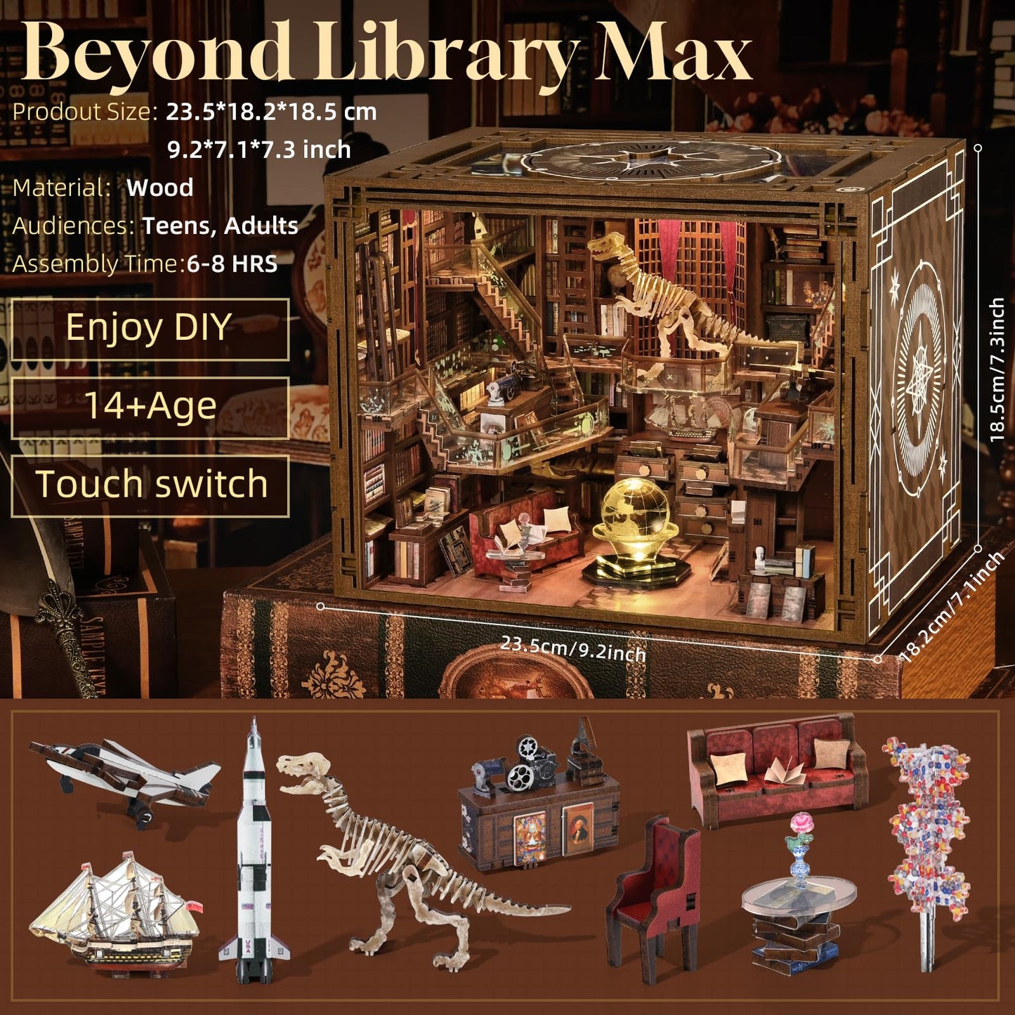 CCCDF DIY Book Nook Kit, Miniature Dollhouse Booknook Kit, 3D Wooden Puzzle Bookend Bookshelf Insert Decor with LED Light for Teens and Adults (Beyond Library Max)