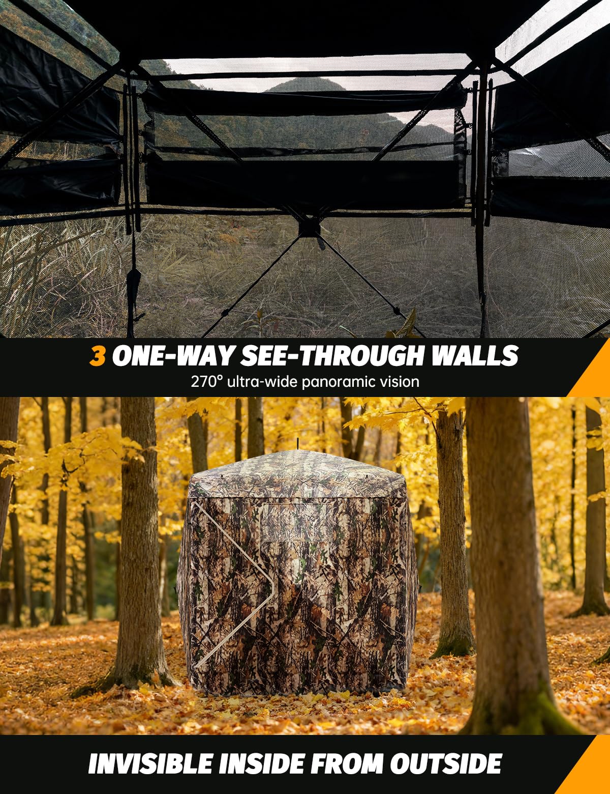 270° Camouflage Hunting Blind Portable Pop-Up Tent with Shoot-Through Mesh, Waterproof Ground Blind for Deer Hunting, 2-3 & 3-4 Person Capacity & Carry Bag (3-4 Person)