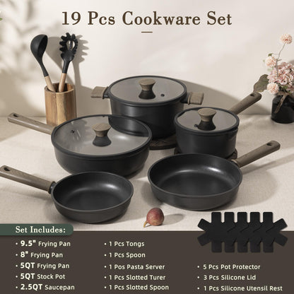 Astercook 19 Pcs Pots and Pans Set Non Stick, Black Titanium Induction Kitchen Cookware Sets, Non toxic Healthy Kitchen Cooking Set with Frying Pans Set, PTFE PFOA PFOS Free, Fathers Day Gift for Men