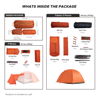 Montiro Triphyr Backpacking Tent with F-Nexus Extension 2-Person Combo, Attachable Shelter, Lightweight 2 Person Tent with Footprint & Vestibule for Backpacking Camping Hiking & Biking (Orange)
