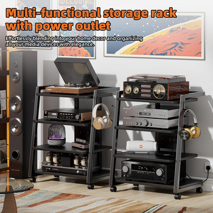 CABTE Mobile AV Media Stand with Outlets and 4 Rolling Caster Wheels, 4-Tier Rolling TV Stand for Gaming Console, Stereo, DVD Player, Sturdy Metal Frame, Versatile Living Room,Bedroom (Black)