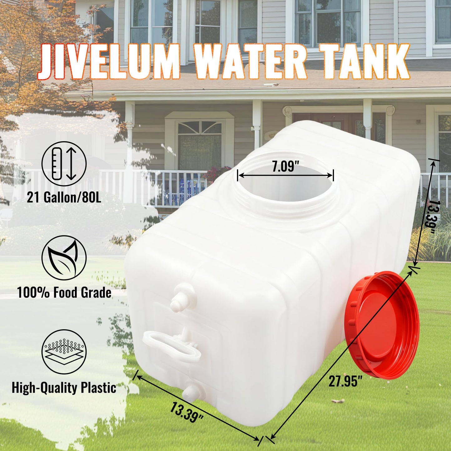 21Gallon/80L Water Storage Tank, Portable Water Tank for Outdoor Camping,Farms and Gardens, Rectangular Translucent White