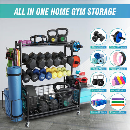 STUFFSTASH Dumbbell Rack for Home Gym, Heavy Duty Weight Rack for Dumbbells, Adjustable Dumbbell Stand with Storage, 700LB Capacity Gym Equipment Organizer with Wheels