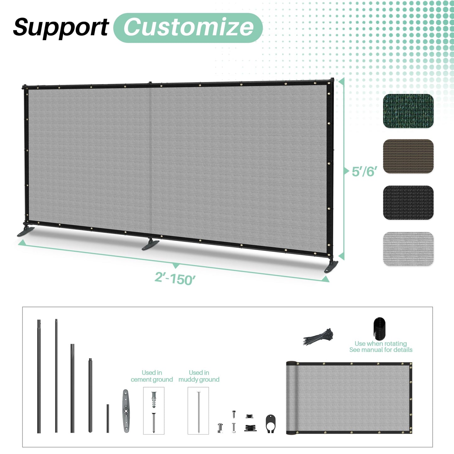 SunnyRoyal 6' x 24' Privacy Fence Screen Panel with Iron Poles Freestanding No Dig Heavy Duty Windscreen Mesh Fabric Temporary Dog Fencing for Outdoor Backyard Patio Garden (Light Gray)
