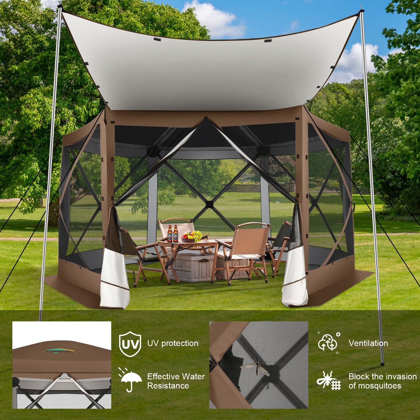 COBIZI 12x12 FT Pop Up Canopy Extendable Tent, Gazebos On Clearance, Screened in Gazebo,Screen Tents Portable carpas para Patio for Outdoor Camping,Backyard, Garden, Brown(Upgraded)