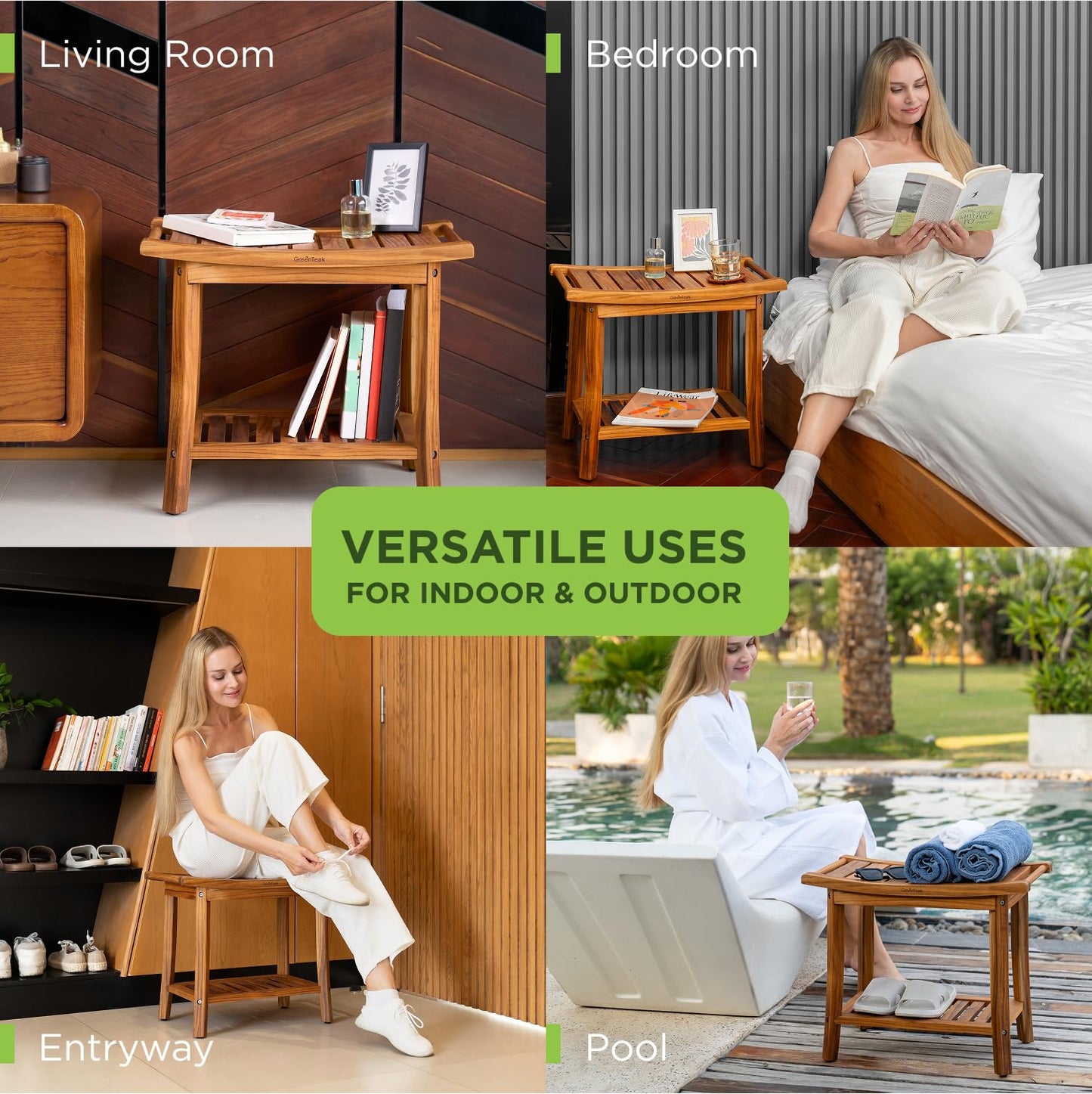 GREENTEAK Combo 22" Teak Shower Bench & Large Bath Mat 32", Teak Shower Stool with Shelf and Foldable Teak Bath Mat, Non-Slip Waterproof Spa Bathroom Seat, Indoor Outdoor