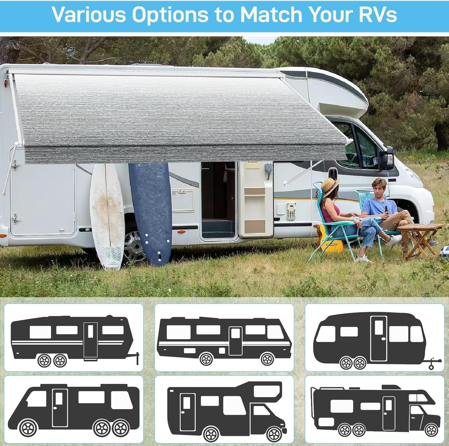 Glamful RV Awning Fabric Replacement 19.5oz Heavy-Duty Vinyl, 21FT(Fabric20'2") Camper Awning Fabric, Weatherproof, UV-Resistant, Cold-Crack Tested, Fit for RVs, Travel Trailers, Gray Fade