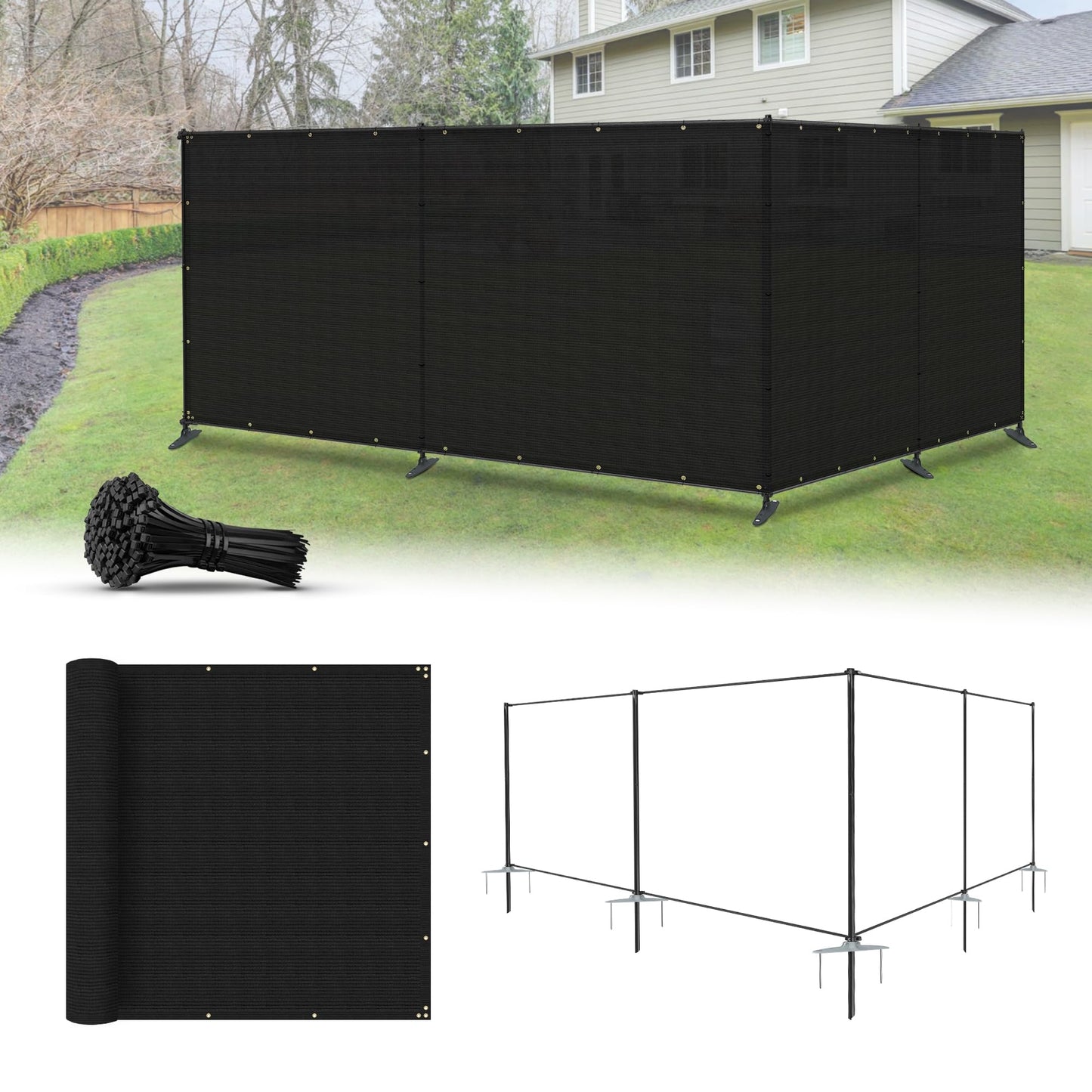 INFRANGE 6'x24' Privacy Fence Kit Freestanding Mesh Screen with Iron Poles Temporary Fencing Outdoor Patio Backyard Divider Dog Air Conditioner Trash Fence Black Custom